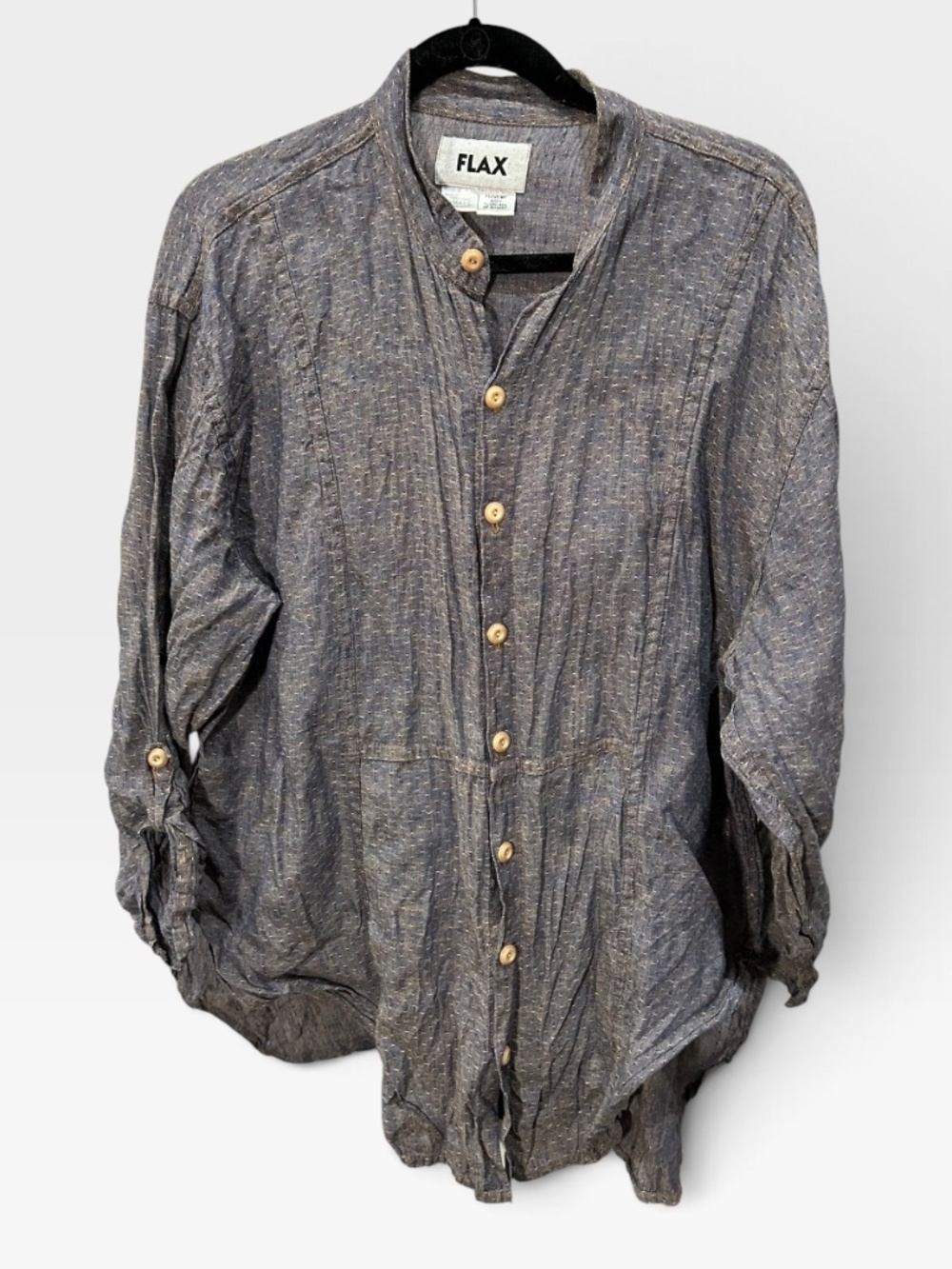 Flax chambray blue khaki fleck button down shirt S